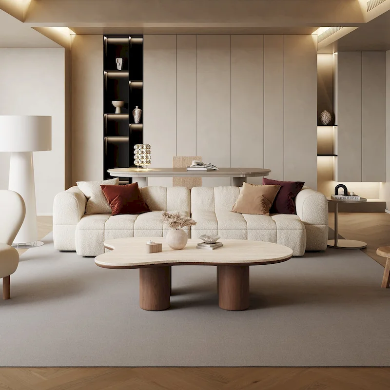 48 Modern Wood Coffee Table, Matte Stone Top, cloud Shaped