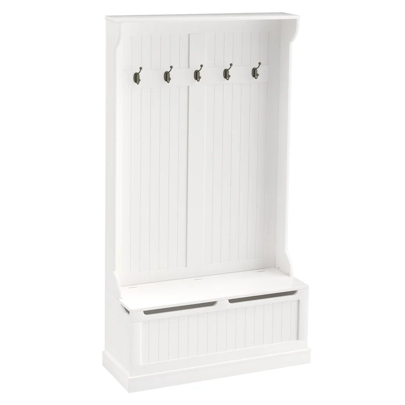 38 3-In-1 Entryway Hall Tree with Storage Bench, Coat Rack with Four Hooks and Shoe Storage, White