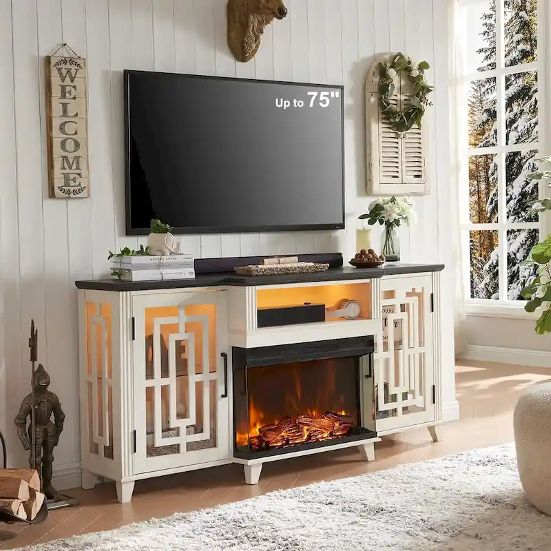 Black / Brown / White Farmhouse 3-Sided Glass Electric Fireplace TV Stand, Fits Up to 75