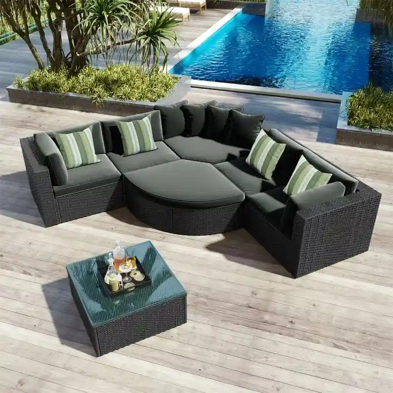 7-Piece Patio Furniture Set, Outdoor Wicker Sectional Sofa Set, Rattan Sofa Lounger w/ Coffee Table, Ottoman & Colorful Pillows