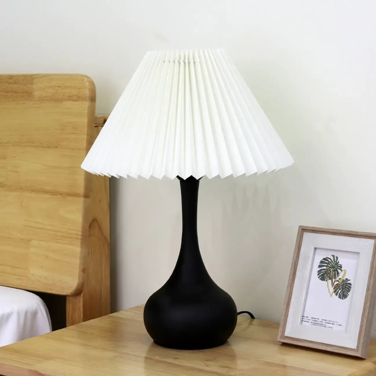 Modern Simple Black LED Table Lamp in Pleated Fabric Shade