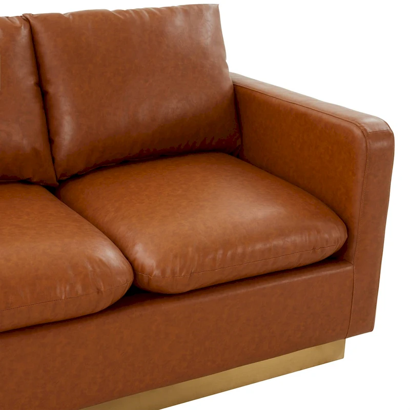 LeisureMod Nervo Modern Leather Loveseat With Gold Base & Cushions - 55.9