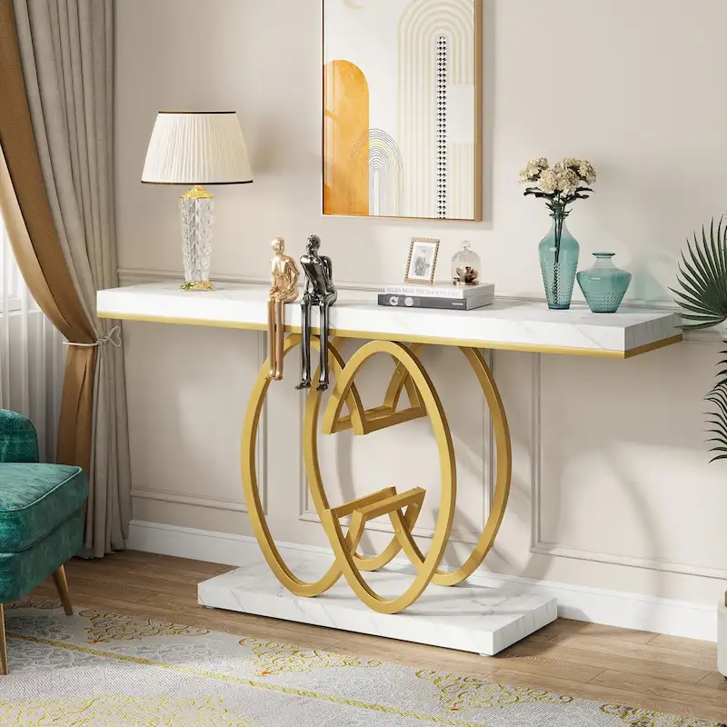 55 Inch Faux Marble Console Table Gold Sofa Table for Entryway