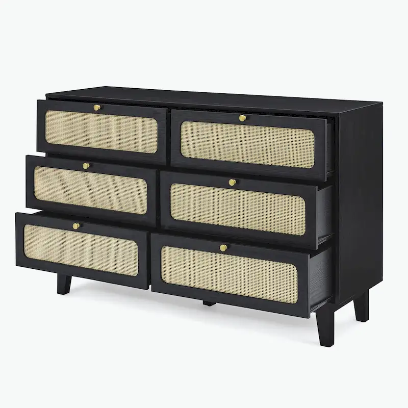 6-Drawer Dresser with Rattan Weave Fronts - Wood - 56 Inch