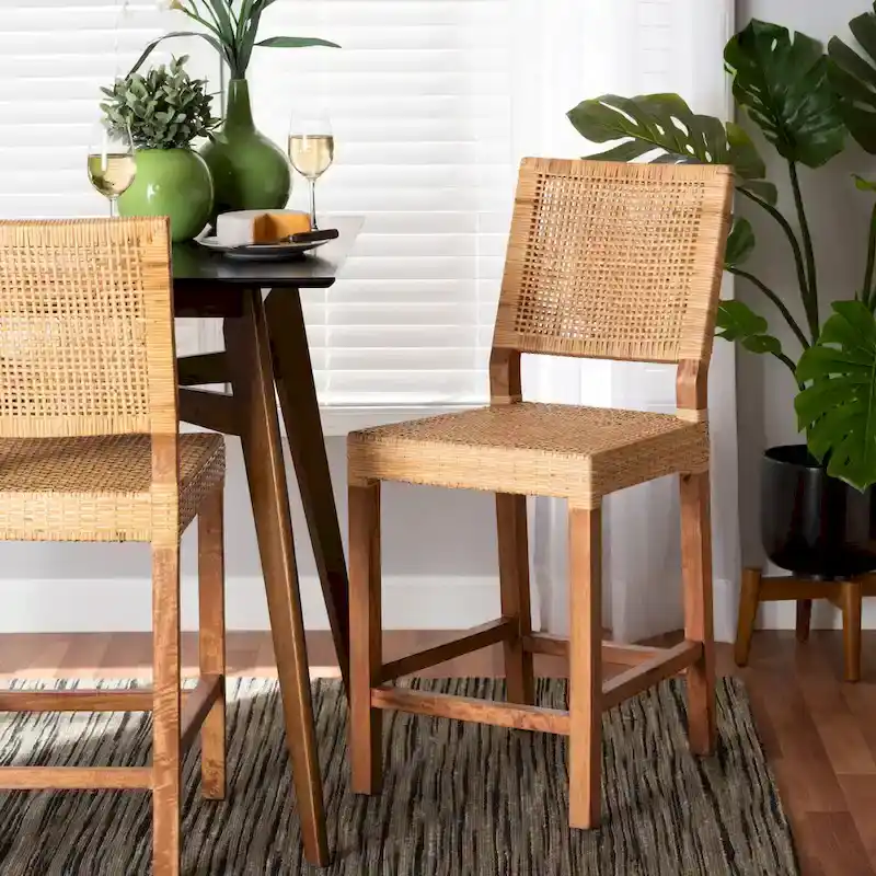 Lesia Modern Bohemian Natural Brown Rattan and Wood Counter Stool