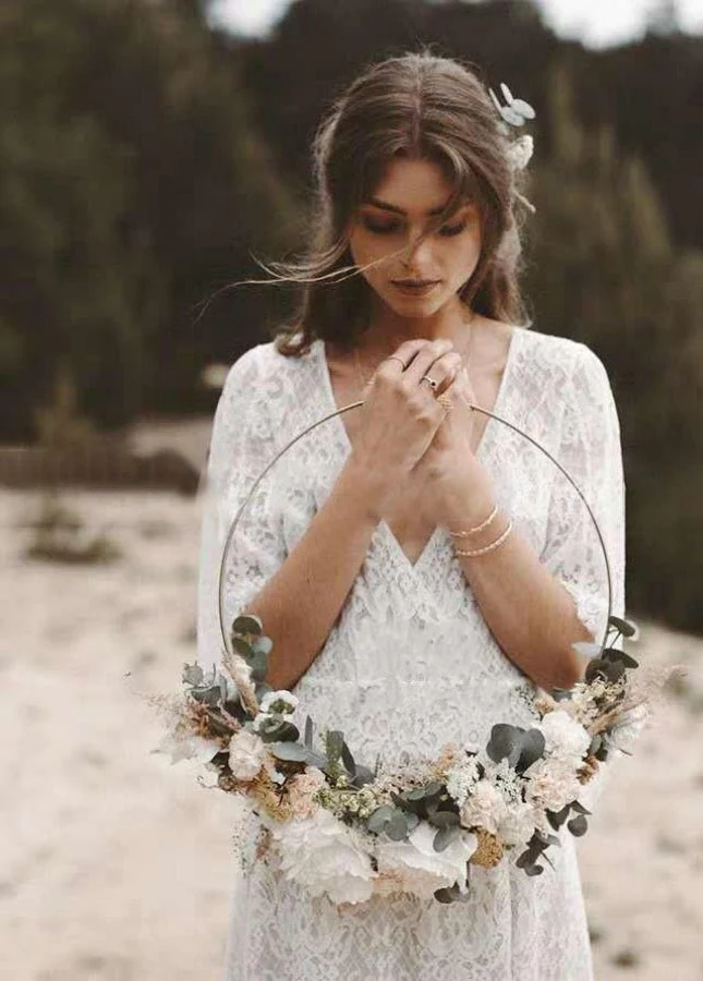Bohemian Lace Deep V Neck Half Sleeves A Line Beach Wedding Dresses