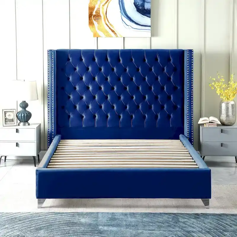 King Velvet Upholstered Bed with Deep Button Tufting