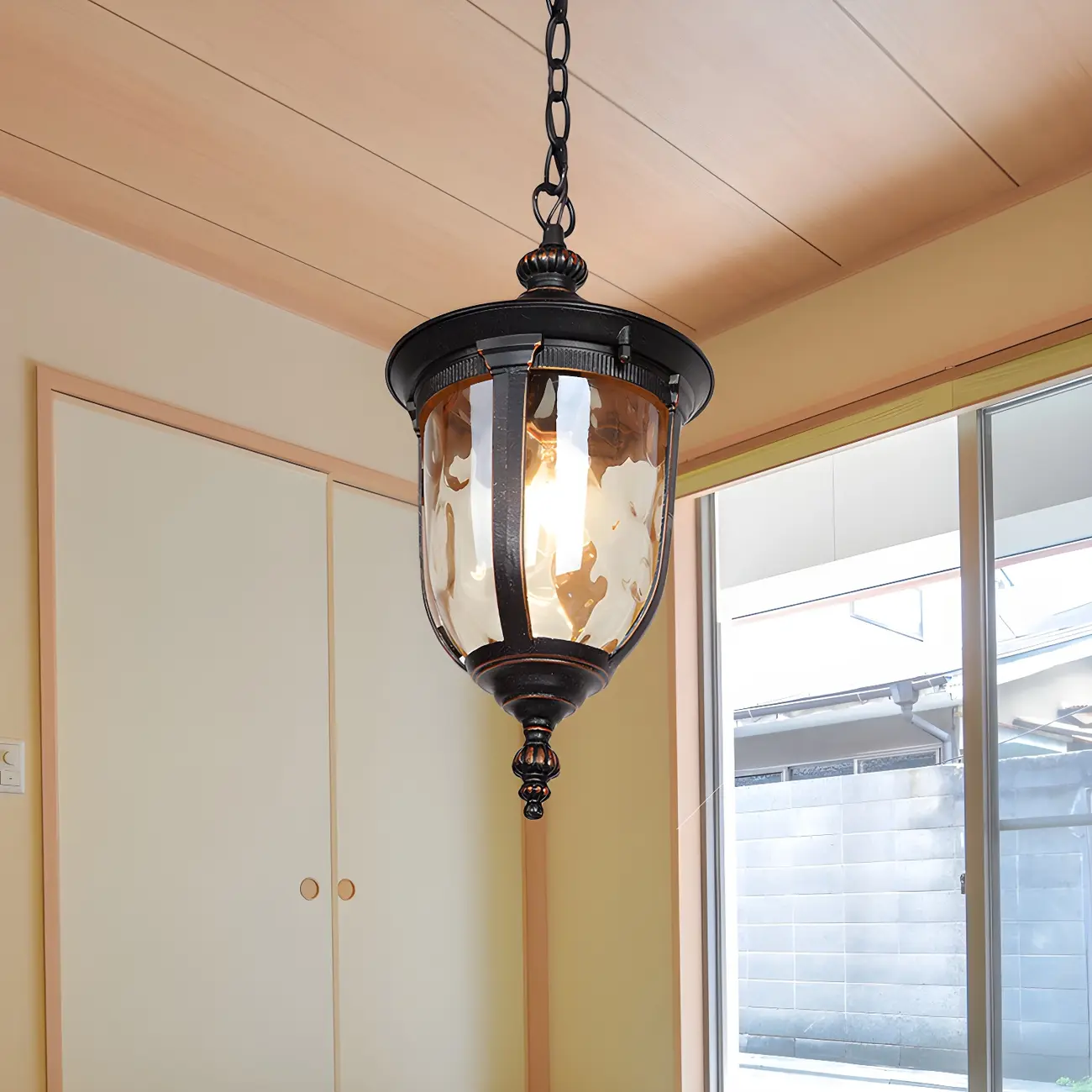 Classic Rustic Black Iron Frame Outdoor Hanging Light Fixture