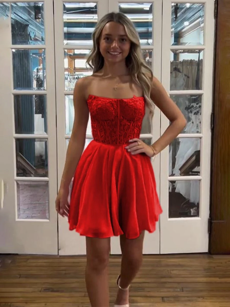 Red - Strapless Chiffon A Line Short Homecoming Dresses With Appliques