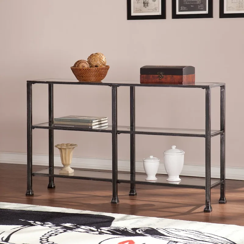 3-Tier Black Metal and Glass Console Table