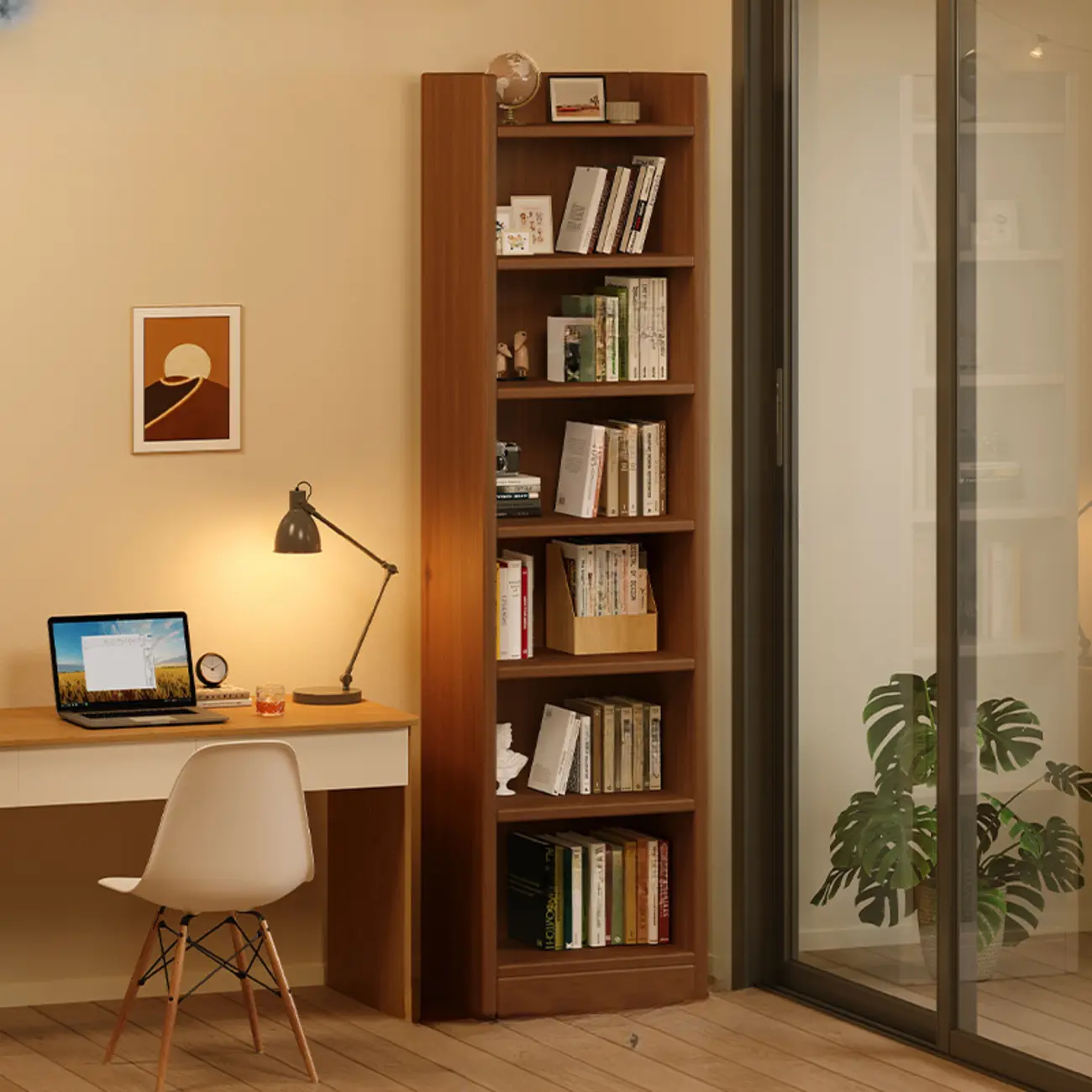 Rectangular Classic Nut-Brown Premium Wood 7-Shelf Bookcase