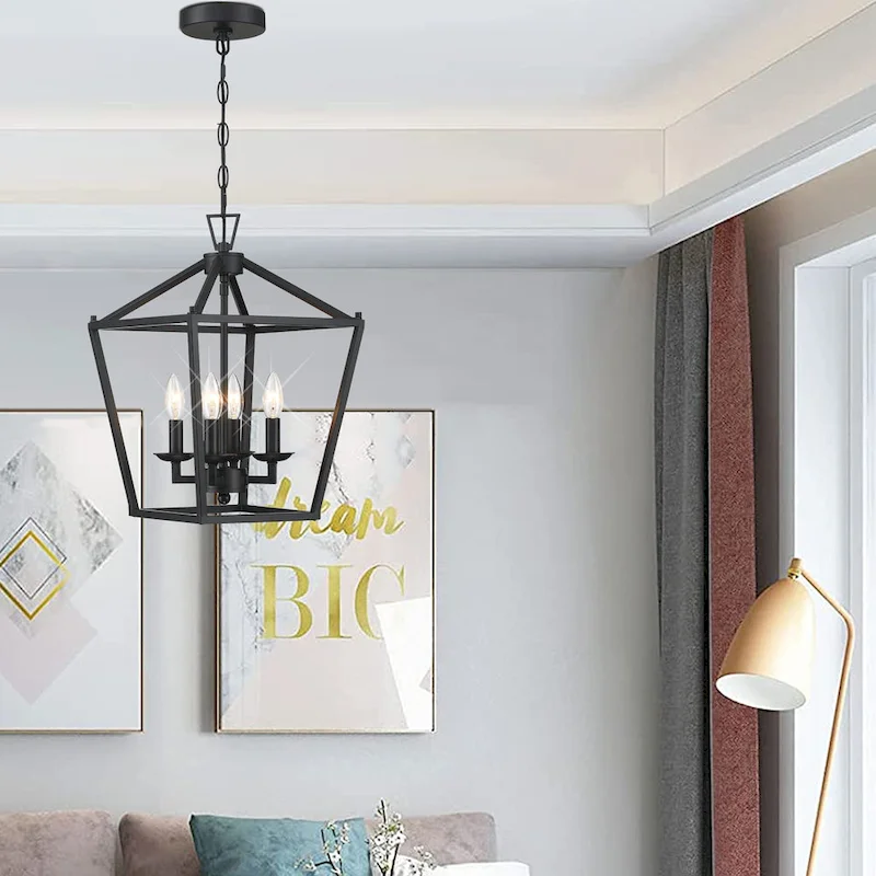 2-PK 12 in.4-light Geometric Lantern Chandelier with Matte Black finish/Soft gold finish