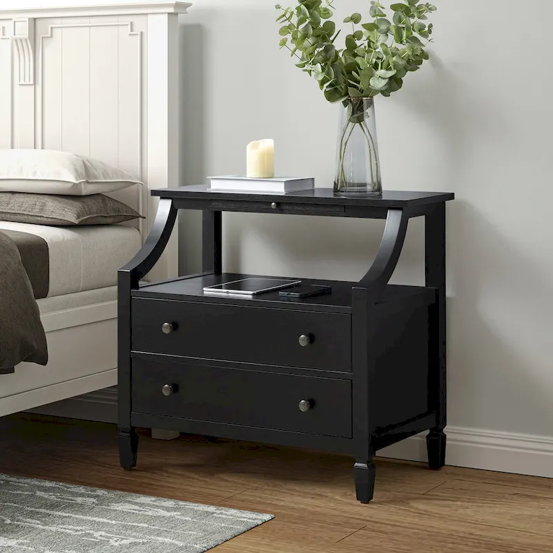 2 - Drawer Nightstand with Built-In Outlets and Pull-out Tray