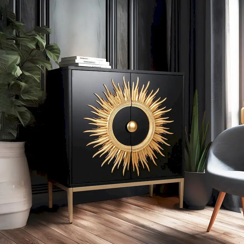 Black & Gold 2-Door Sideboard, Mid-Century Style, Sunburst Pattern