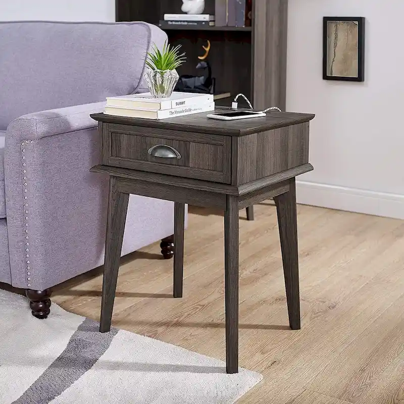 Caffoz Tall Side End Table with Fully Extended Drawer and USB Hub