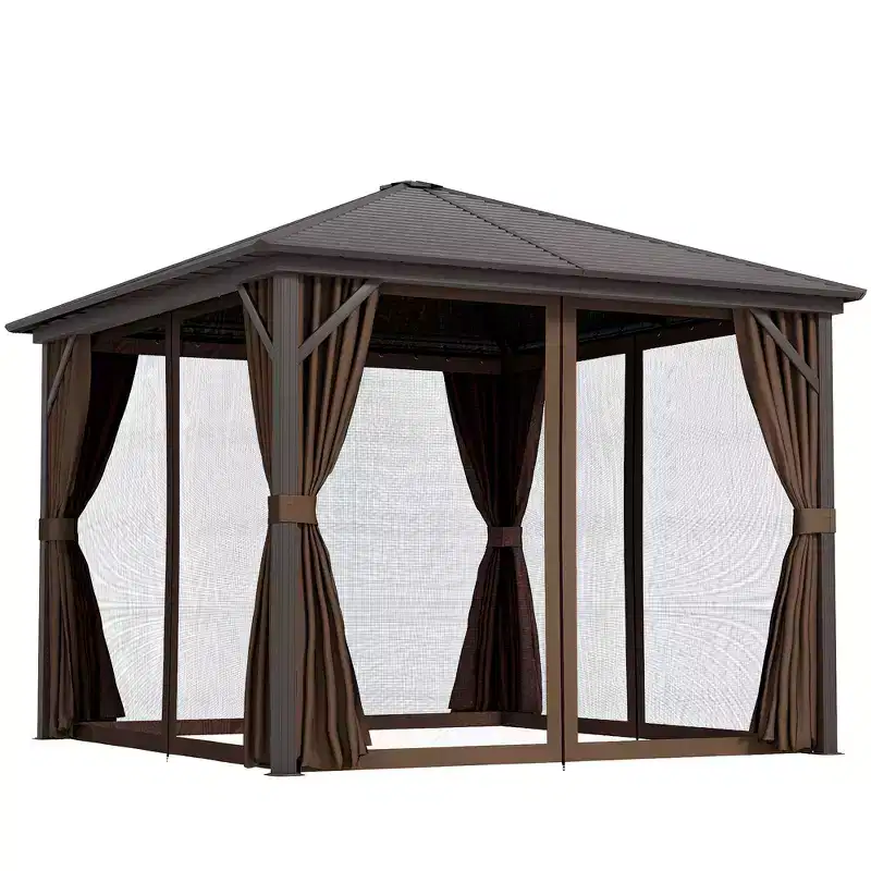 Outsunny 10' x 10' Hardtop Gazebo with Aluminum Frame, Permanent Metal Roof Gazebo Canopy with Curtains and Netting for Garden, Backyard, Dark Brown
