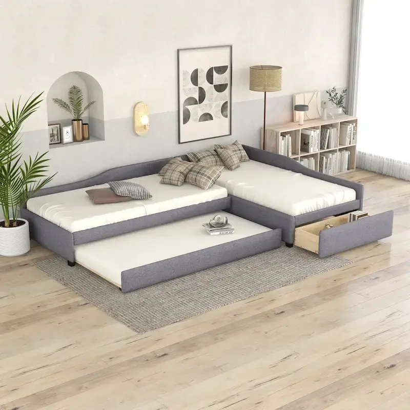 Green / Grey / Beige L-Shaped Upholstered Daybed with Trundle & Storage Drawer, Sleeps 3