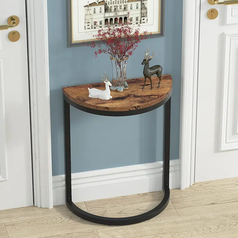 Half Round End Table, Narrow Side Table Slim C Table with Metal Frame