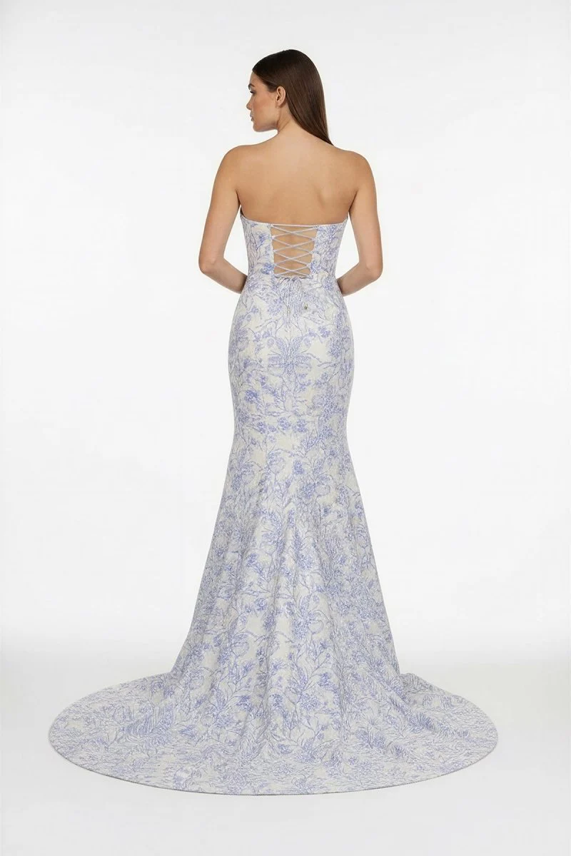 Blue Strapless Mermaid Floral Jacquard Long Formal Prom Dresses With Slit