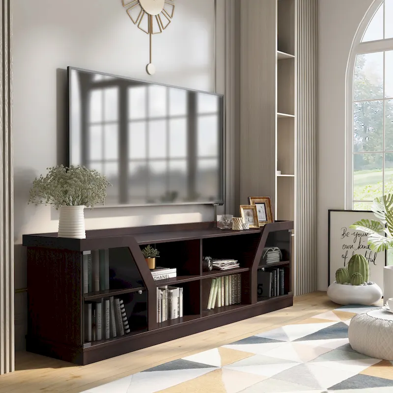 Contemporary TV Console with Tempered Glass Doors – Espresso, Fits up to 68