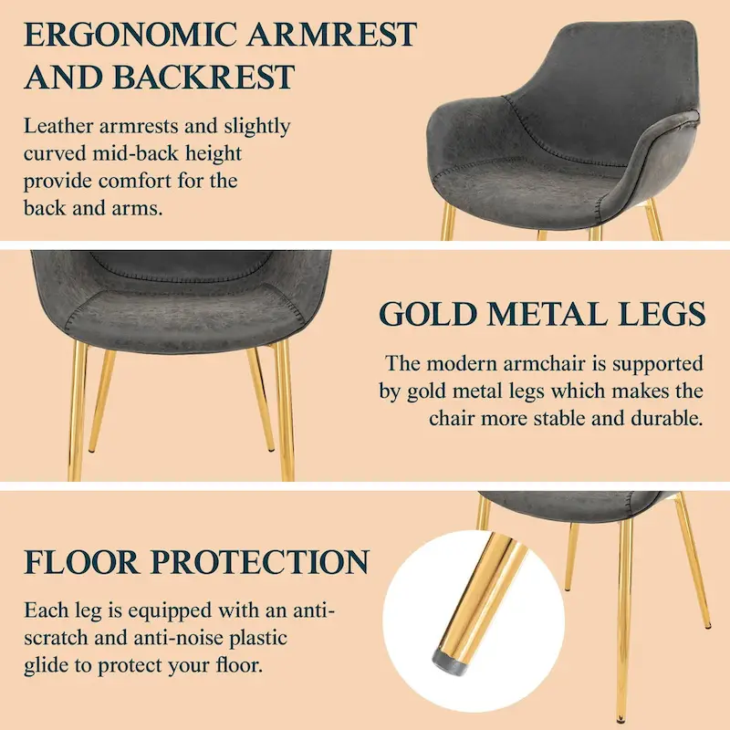 Markley Modern Leather Dining Armchair Set of 4 With Gold Metal Legs Accent Side Chair