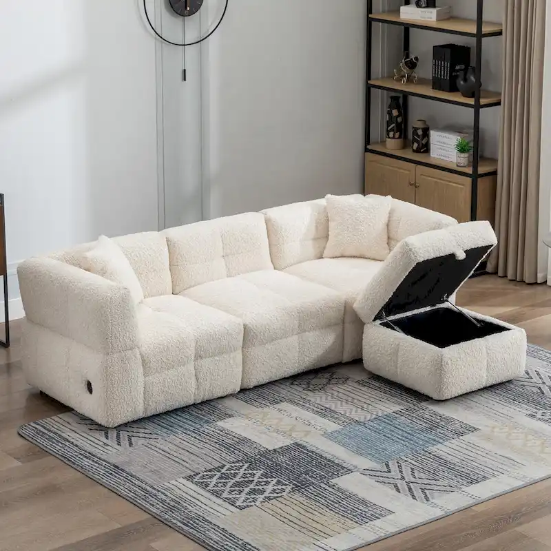 87.7 Fabric 4 Seater Sectional Sofa with Movable Ottoman, 2 USB Ports, and 2 Lumbar Pillows, Ideal for Living Room
