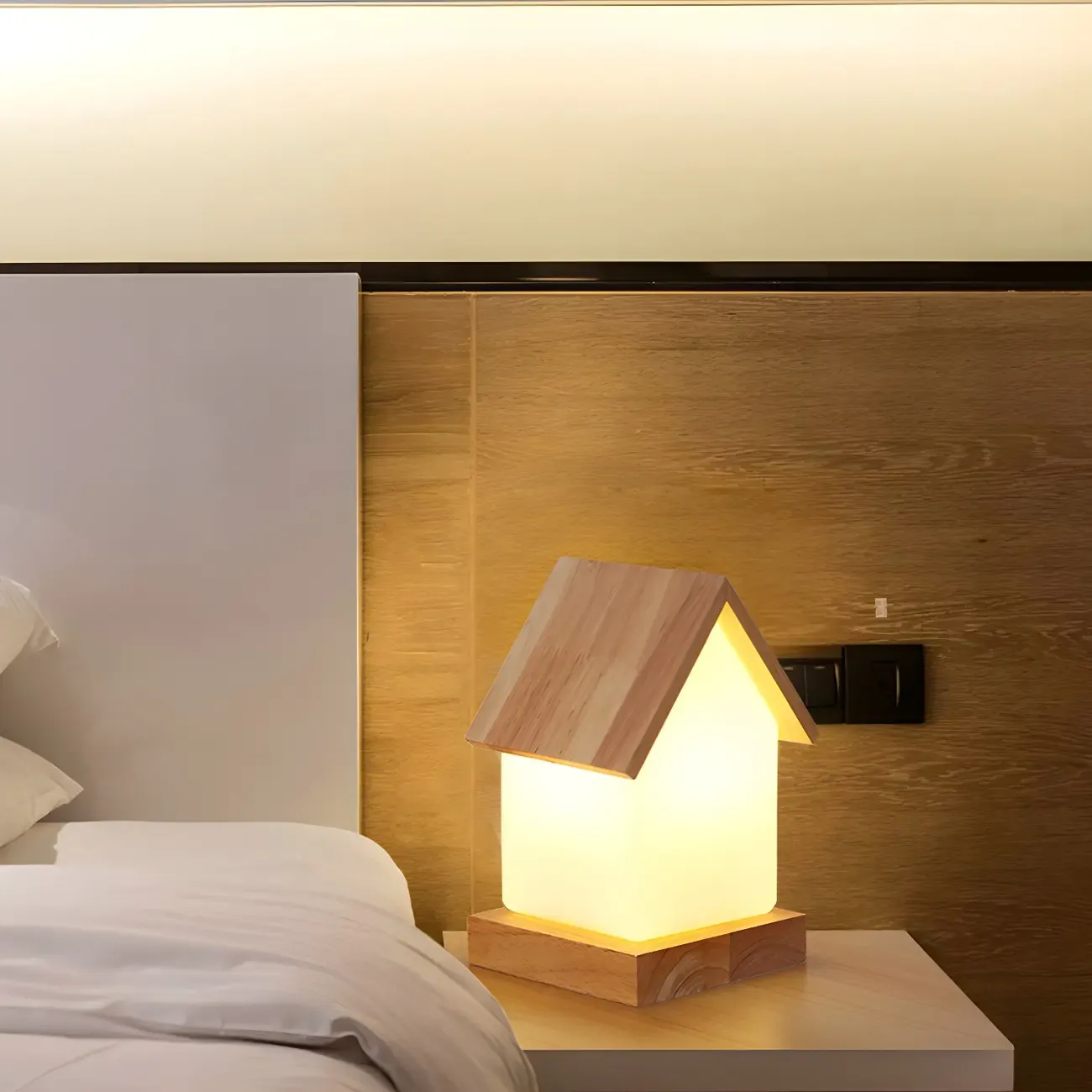 Creative House-Shaped Wooden Bedside Lamp