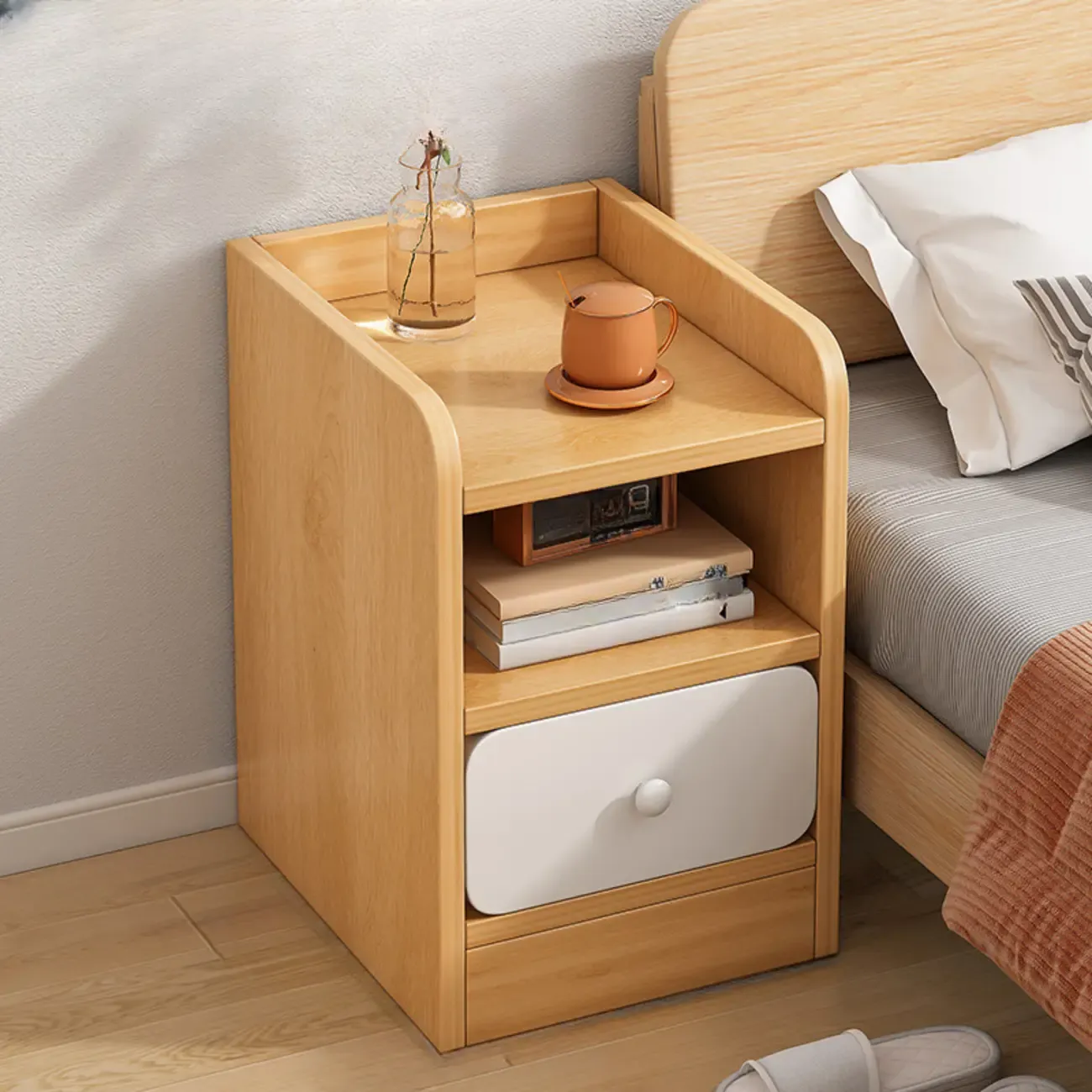 Simple White Natural Wood 2-Drawer Nightstand