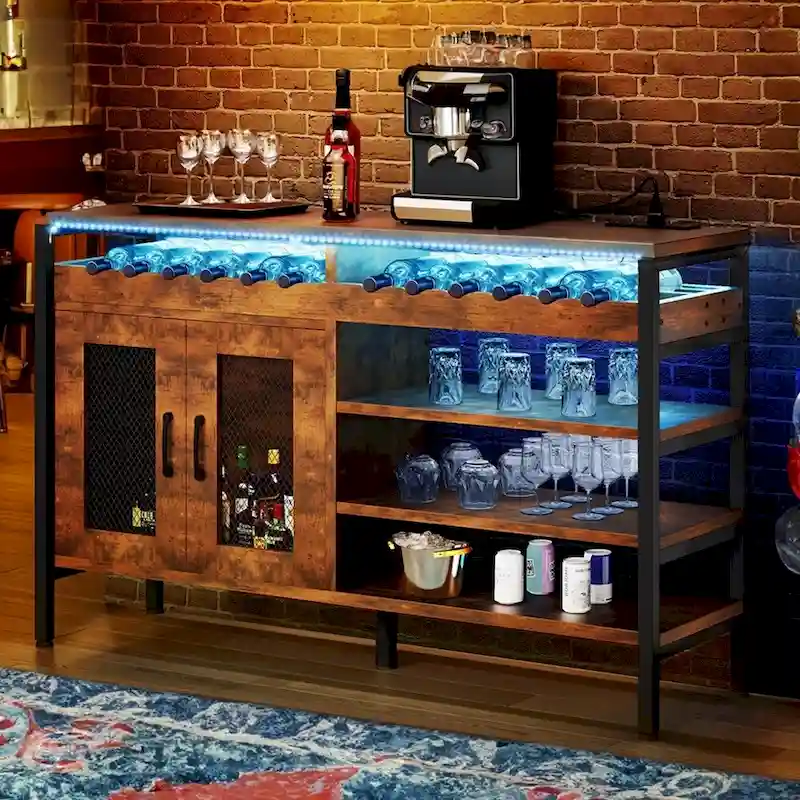 Brown 55-Inch Bar Cabinet with LED Lights & Power Outlets, Industrial Style