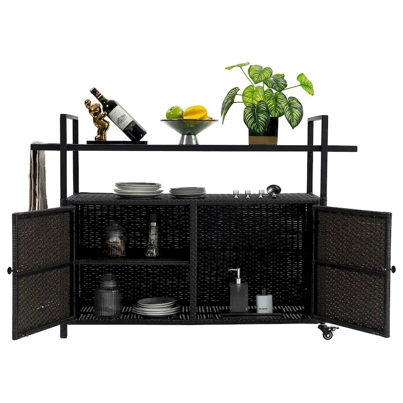 3-Tier Wicker Bar Serving Cart with Tempered Glass Tabletop & 360° Wheels