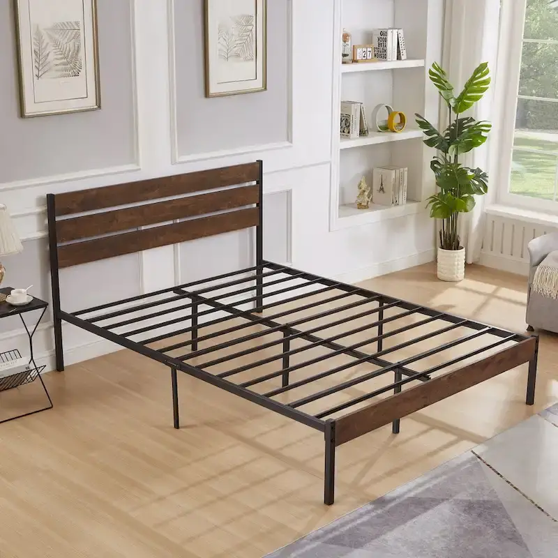 Bed Frame With Wood Headboard, Metal Frame With Strong Slats
