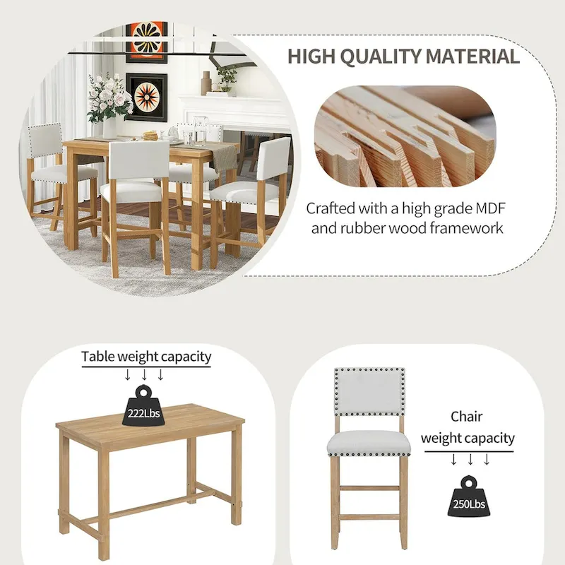 5-Piece Counter Height Dining Set, Classic Elegant Table and 4 Chairs in Natural Wood Wash