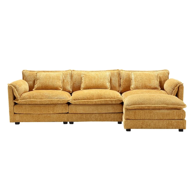 Yellow 112.2 L-Shaped 4-Seat Sectional Sofa in Modern Boucle Fabric with Removable Cushions and Detachable Armrests