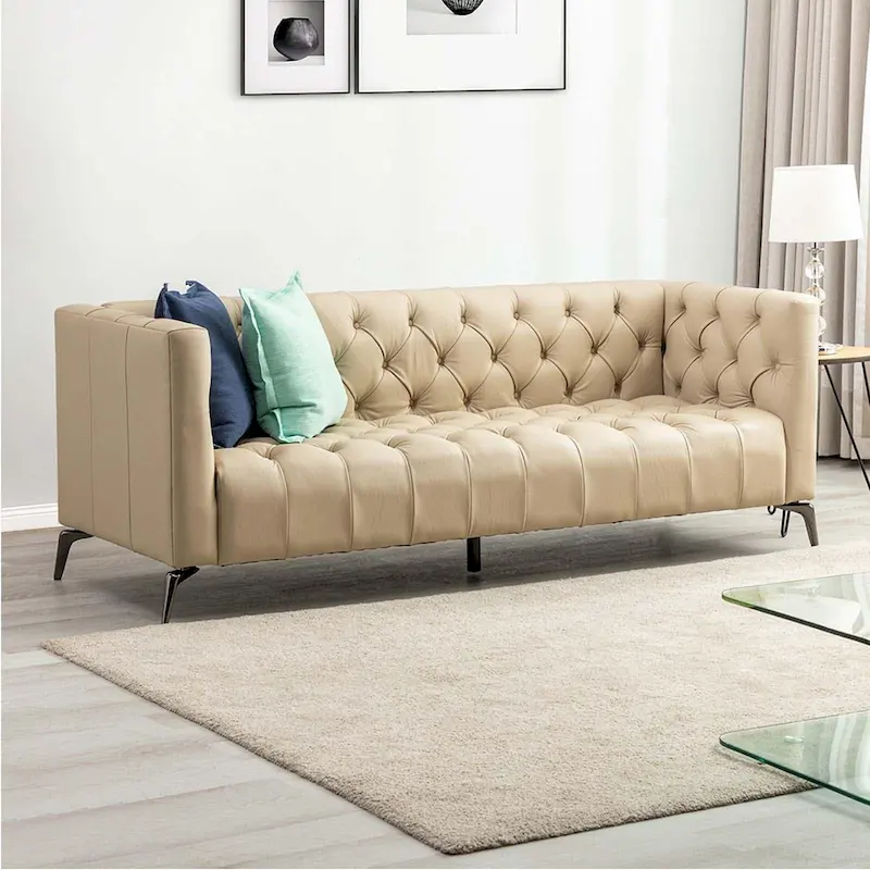 Transitional Genuine Leather Sofa with Metal Legs and Tufted Back