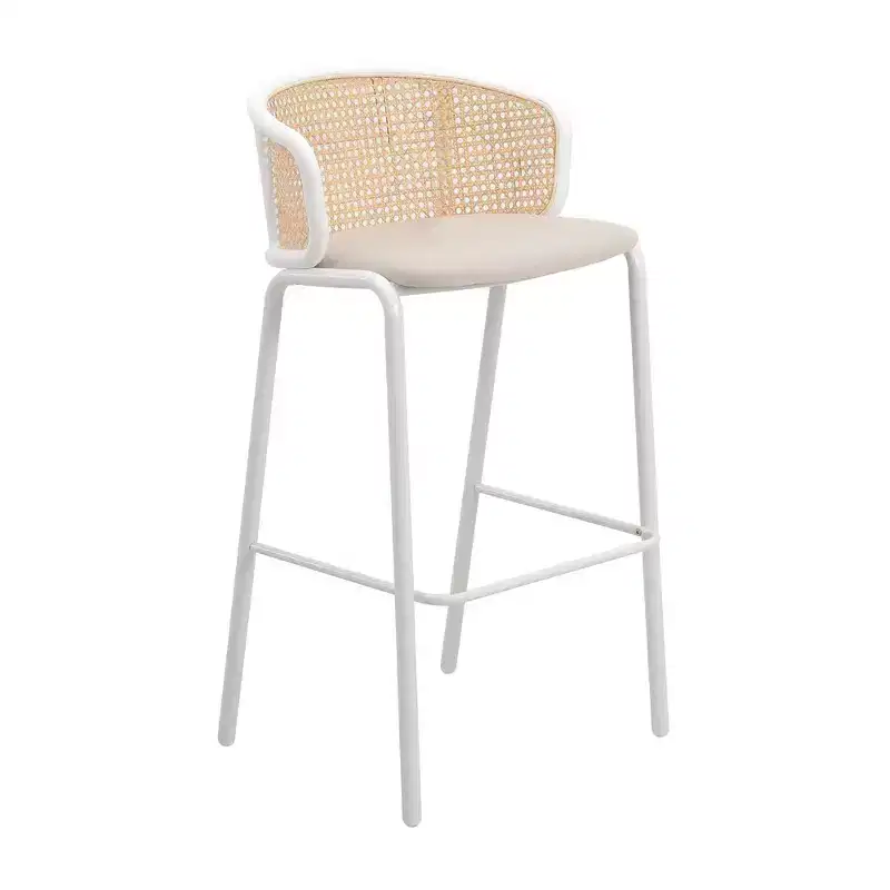 LeisureMod Ervilla Wicker Bar Stool with Fabric Seat and White Steel Frame, Indoor Kitchen, Home Bar, Counter, Island, Modern Dining Room Seating