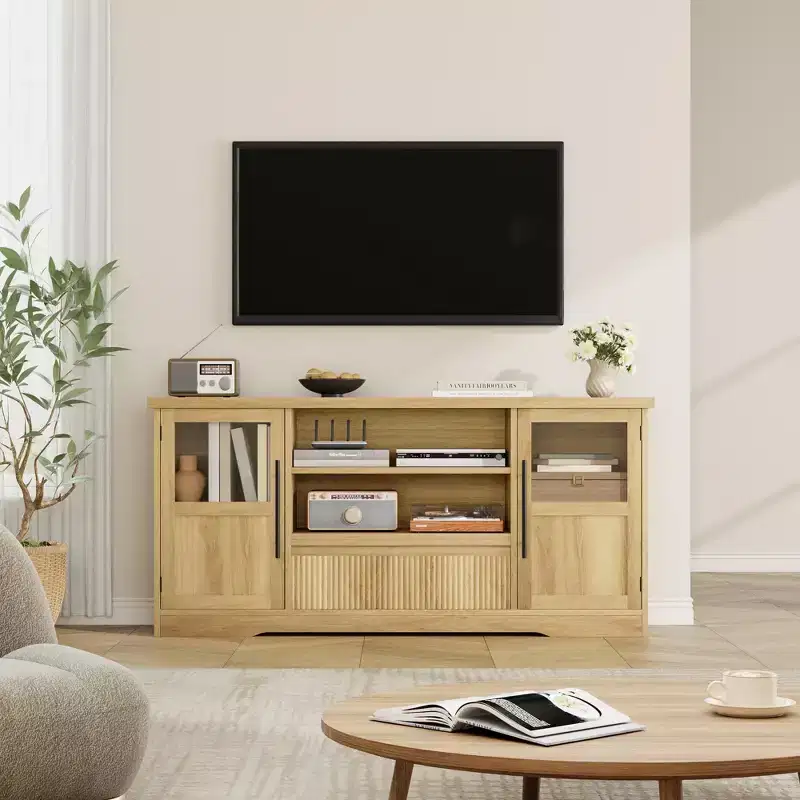 Farmhouse TV Stand - 72'' TV Fit, Wave Pattern, 2 Glass-Door Cabinets, 2 Open Storage, Entertainment Center for Living Room