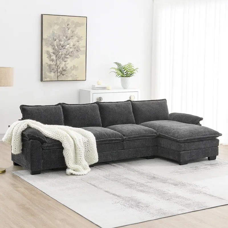 Beige/Grey/Yellow/Navy Blue L-Shaped Chenille Sectional Sofa with Chaise, 5-Seat