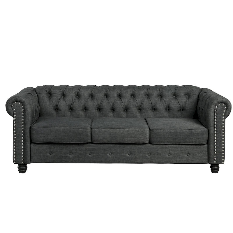 Linen Chesterfield Sofa with Button Tufted, Nailhead and Solid Wood Legs