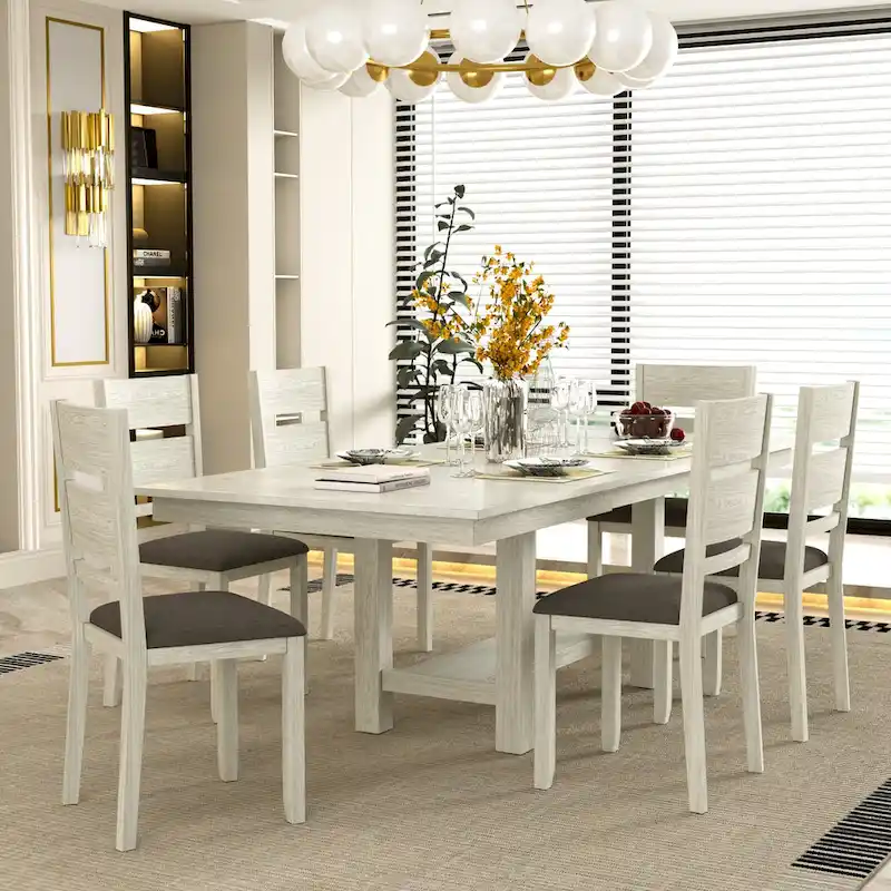7-Piece Dining Table Set, Thickened Solid Wood Rectangular Extendable Dining Table & 6 Solid Wood Dining Chairs