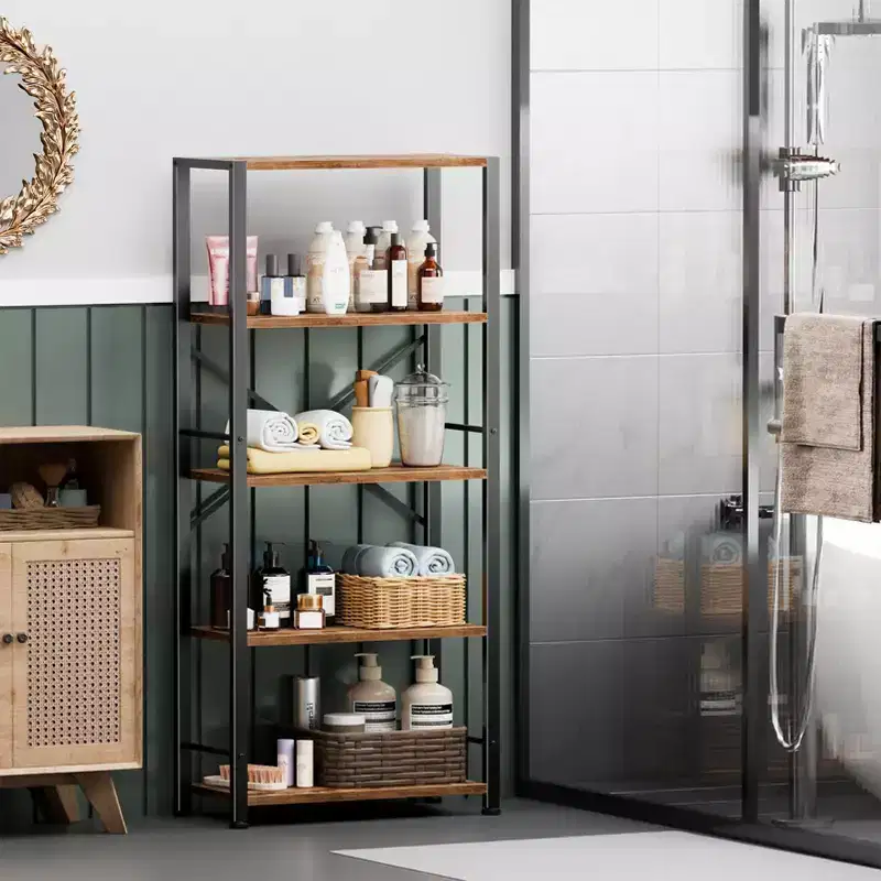 Qwatto Brown 5 Tier Tall Wide Bookshelf Wood Metal Industrial Open Display Shelving Unit Freestanding Etagere Bookcase Storage Organizer Living Room
