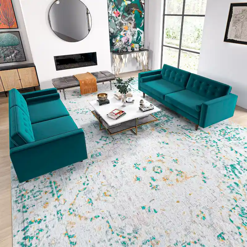 Kenzo Mid Century Pillow Back Velvet Sofa and Loveseat Set