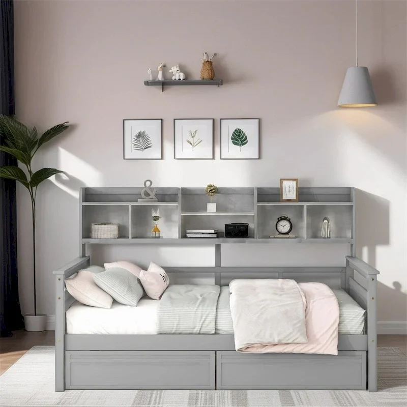 Full Size Wood Daybed with 2 Drawers & Shelf – White / Espresso / Gray, Seats or Sleeps 1