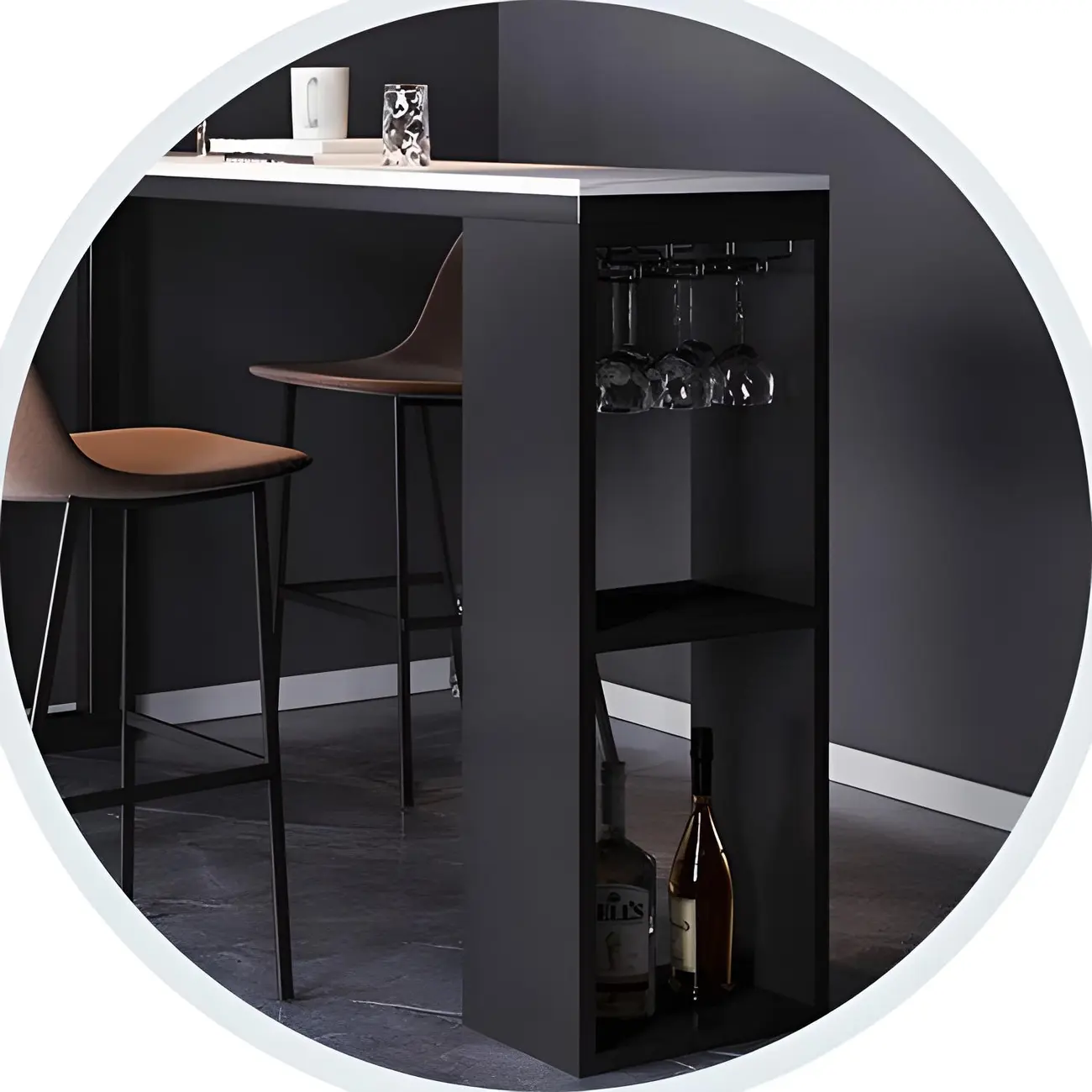 Modern Stone Top Metal Shelves Bar Table with Cup Holder