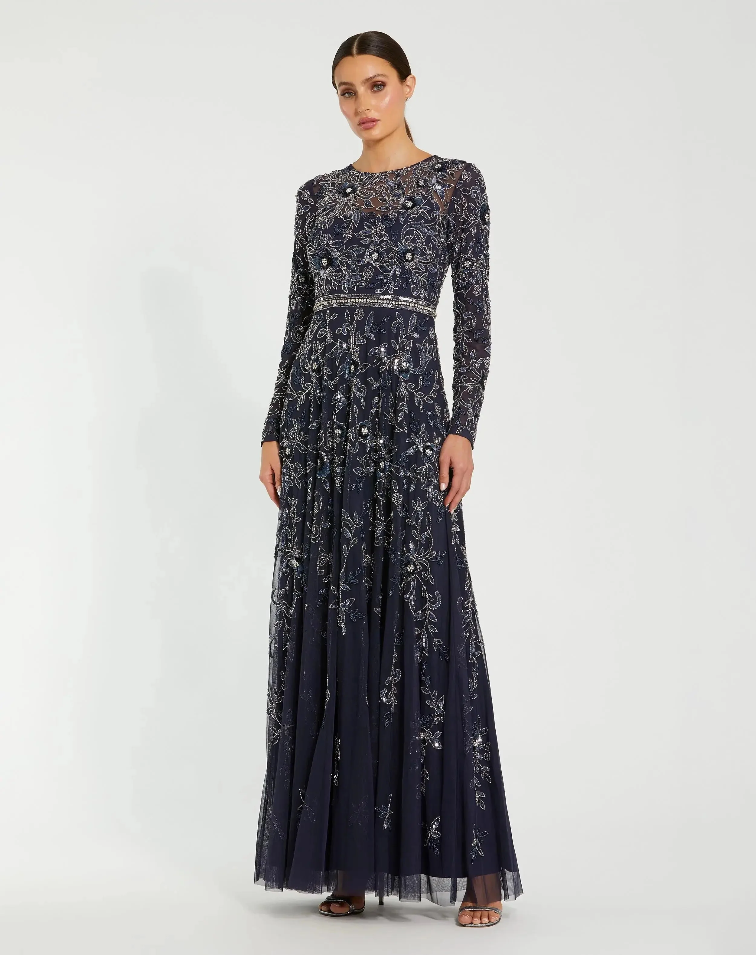 Navy Long Sleeve Floral Embellished A-line Gown