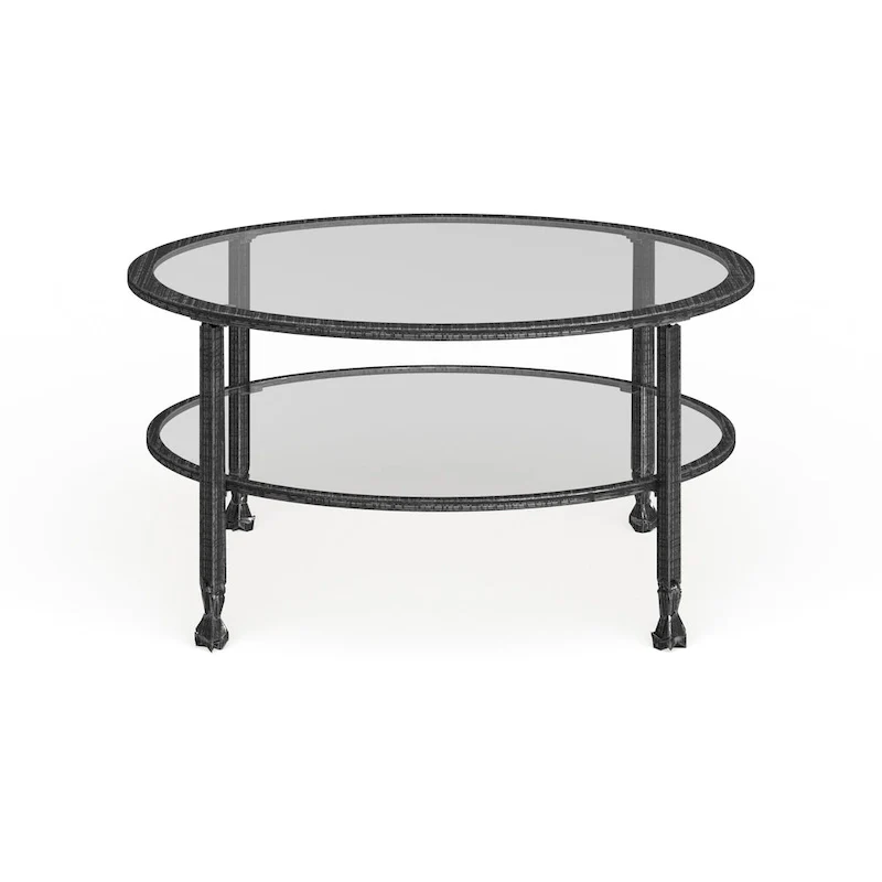 Glenn Distressed Black Metal Round Coffee Table with Glass Top and Shelf