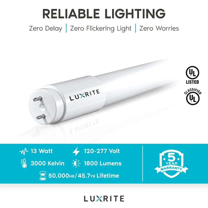 Luxrite 4FT T8 LED Tube Light, Ballast and Ballast Bypass, 13W=32W, 1800 Lumens, Damp Rated 4 Pack