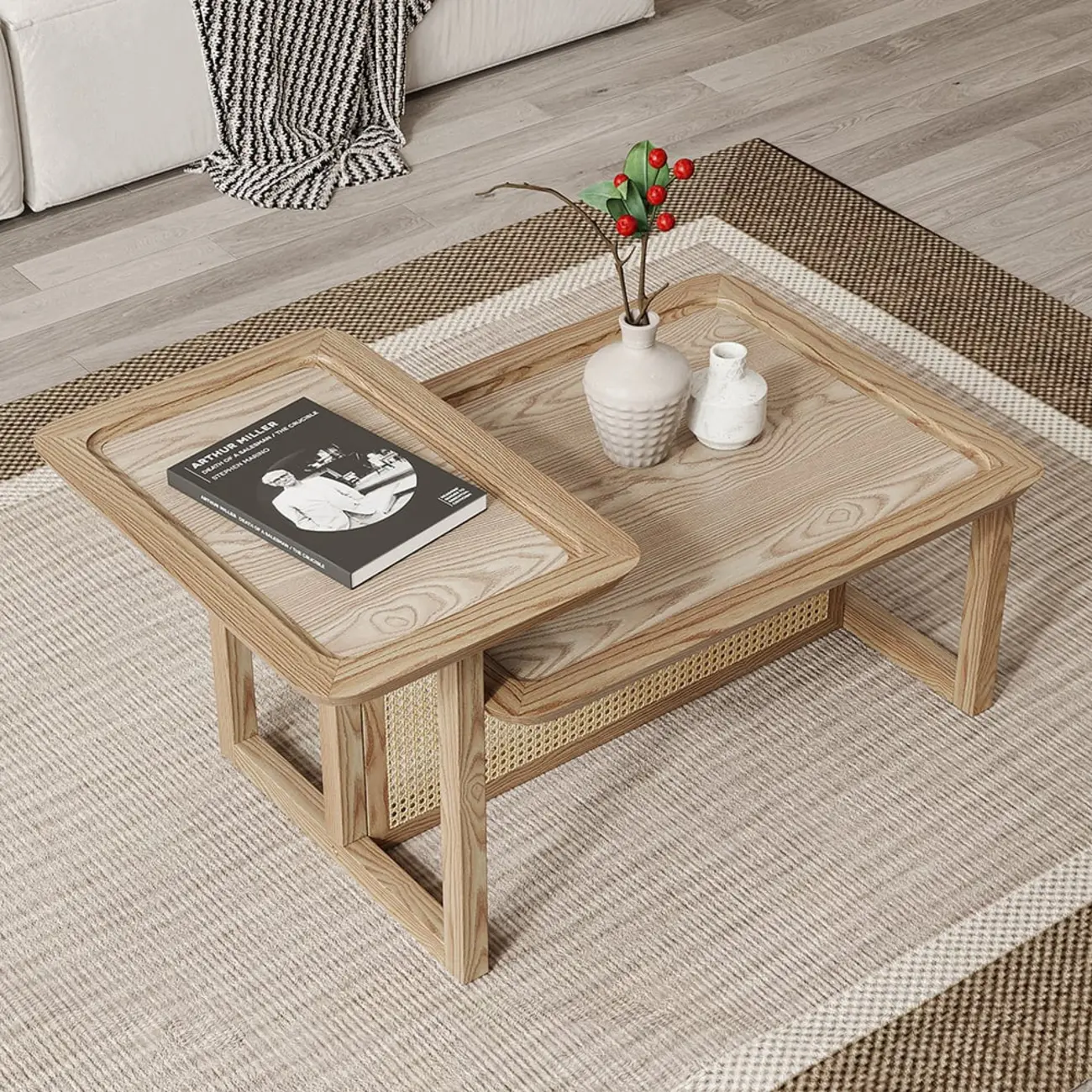 Rectangle Wooden Rattan Coffee Table Set in Natural Finish