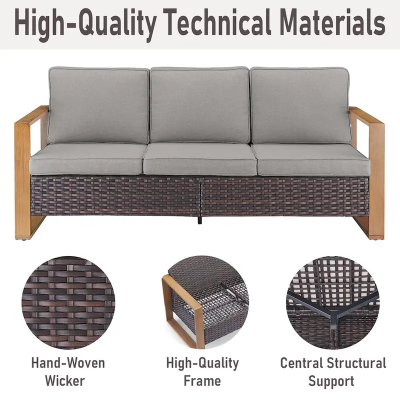 Gymojoy PE Rattan Sofa Deep Seating Sofa with Ottoman - Brown