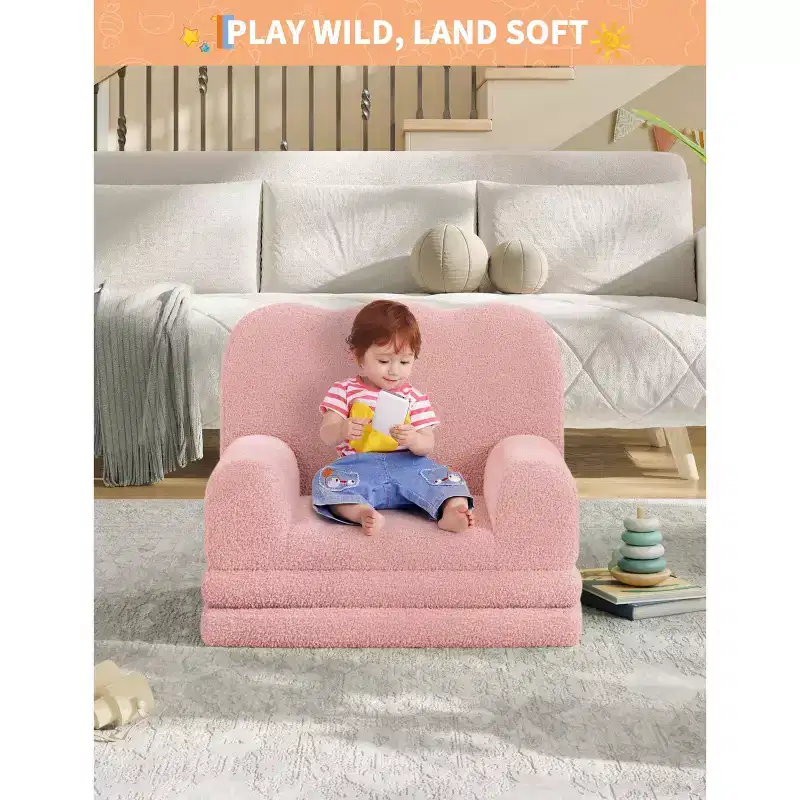 2-in-1 Convertible Kids Couch with Soft Teddy Fleece Fabric, Comfortable Toddler Sofa Chair and Fold Out Lounger Bed for Children