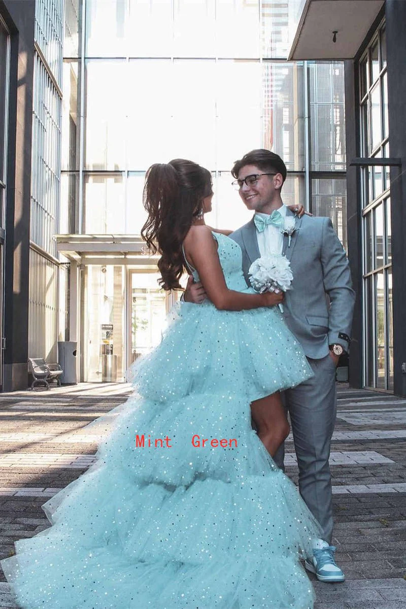 A Line Spaghetti Straps Tiered Tulle High Low Prom Dress